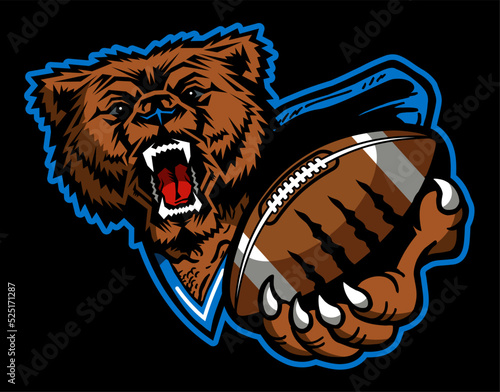 grizzly bear mascot holding football in claw for school, college or league 