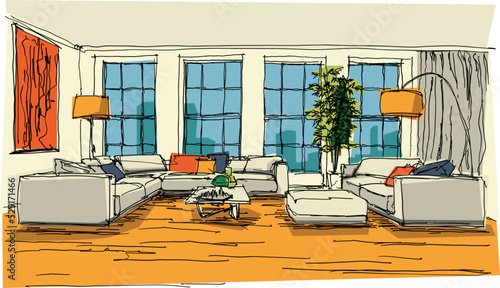 colorful hand drawn architectectural sketch of a modern abstract living room interior with furniture