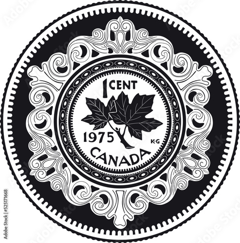 canada dollar coin one cent with leaves handmade design vector