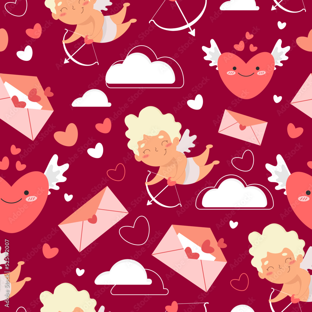 Seamless Pattern for Valentine's Day. Cupid, Hearts, arrows of Cupid, messages of love. Vector illustration. Seamless Pattern for Valentine's Day. Cupid, Hearts, arrows of Cupid, messages of love. Vector illustration.