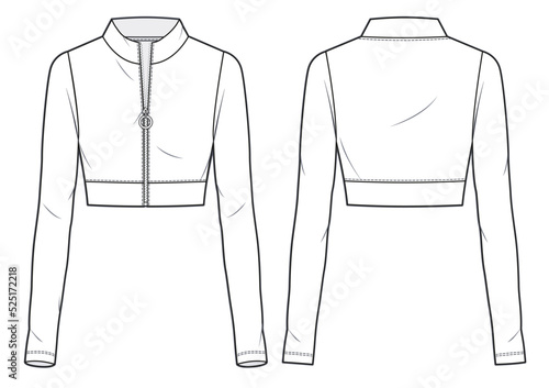 Women's Sweatshirt fashion flat technical drawing template. Zip up cropped Sweatshirt fashion flat Illustration, slim fit, front and back view, white colour, women, CAD mockup.