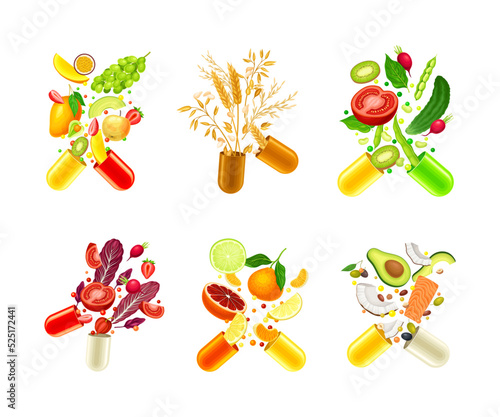 Open capsules with fruit, vegetables, cereals and herbal plants set. Vitamins and supplements cartoon vector illustration