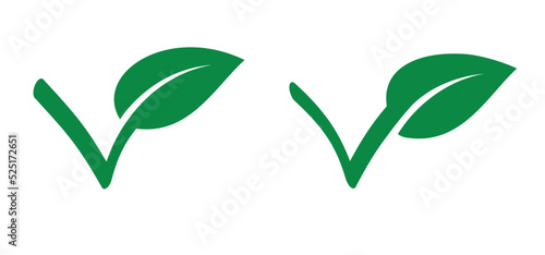 Eco or Nature check. Good  okay icon for food safety concept. Organic vegan 100  with leaves  Bio  eco icon or symbol. Go vegan.