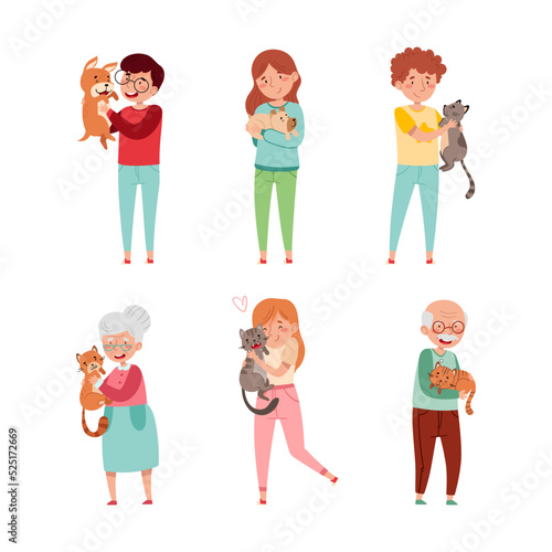 Happy pet owners hugging and playing their cats and dogs set cartoon vector illustration