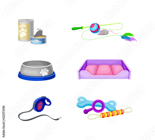 Pet shop supplies set. Accessories for animal pet care cartoon vector illustration