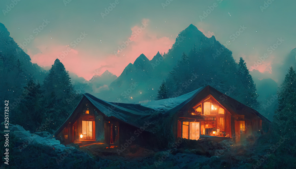 Cozy Lodge, cabin in the moutains during winter. Cold pink sunset with snows in between trees and pine. Dawn, dusk, digital painting. Romantic, moody scenery. Love retreat illustration. 4k wallpaper 