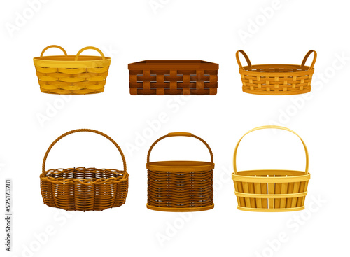 Empty wicker baskets set. Handcraft containers for picnic, Easter, countryside or home decor cartoon vector illustration