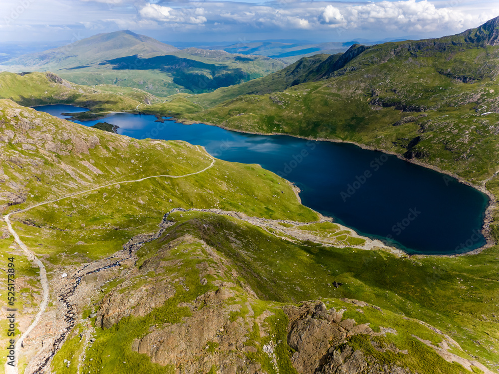 Aerial view of a beautiful mountain lack on the flanks of Mount Snowdon, Wales (Llyn Llydaw, Snowdonia)