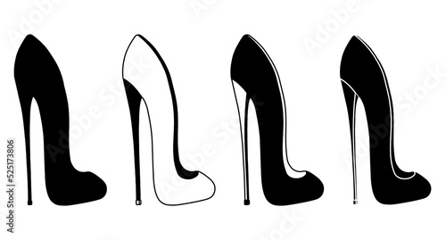 Set of outline black and white silhouette of women's shoes with heels, stilettos. Women's shoe model. Accessory.