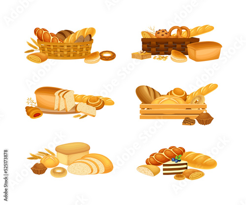 Set of bakery products and bread assortment. Loaf and whole grain bread, baguette, bun, pretzel, cake cartoon vector illustration