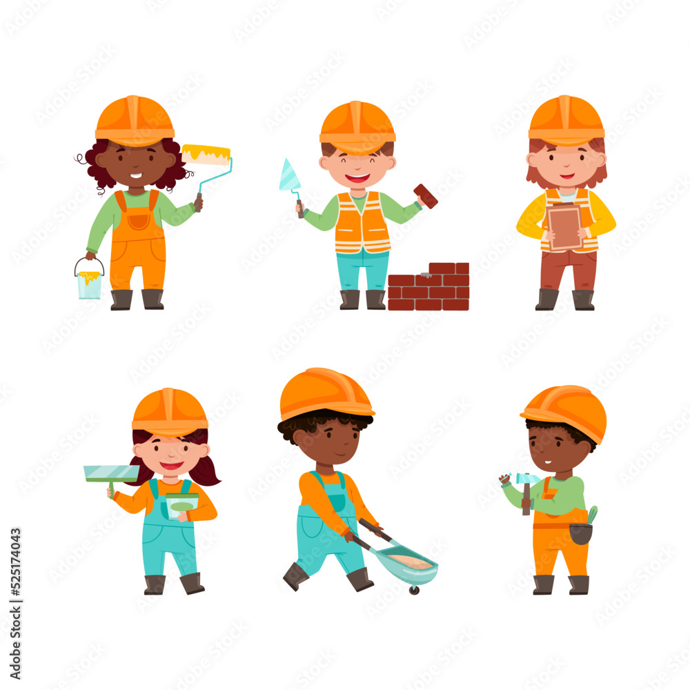 Cute little builders in overalls and hard hats set. Boys and girls with construction tools cartoon vector illustration Cute little builders in overalls and hard hats set. Boys and girls with construction tools cartoon vector illustration