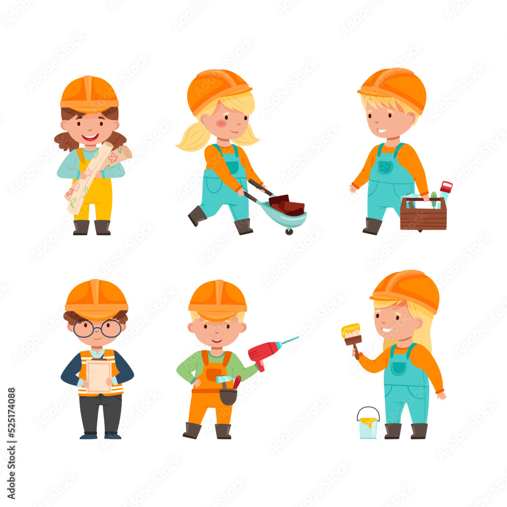 Collection of cute little builders in overalls and safety hats working with construction tools cartoon vector illustration Collection of cute little builders in overalls and safety hats working with construction tools cartoon vector illustration