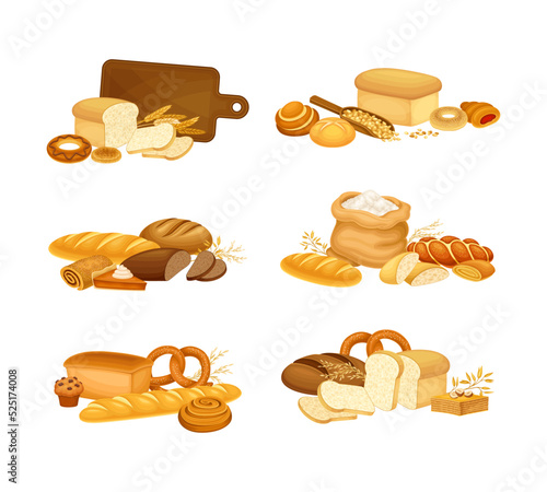 Set of bakery products and bread assortment. Loaf and whole grain bread, sack of wheat, bun, pretzel cartoon vector illustration