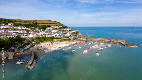 Aerial view of boats and the beach at the colorful Welsh seaside town of New Quay in Cardigan Bay photo
