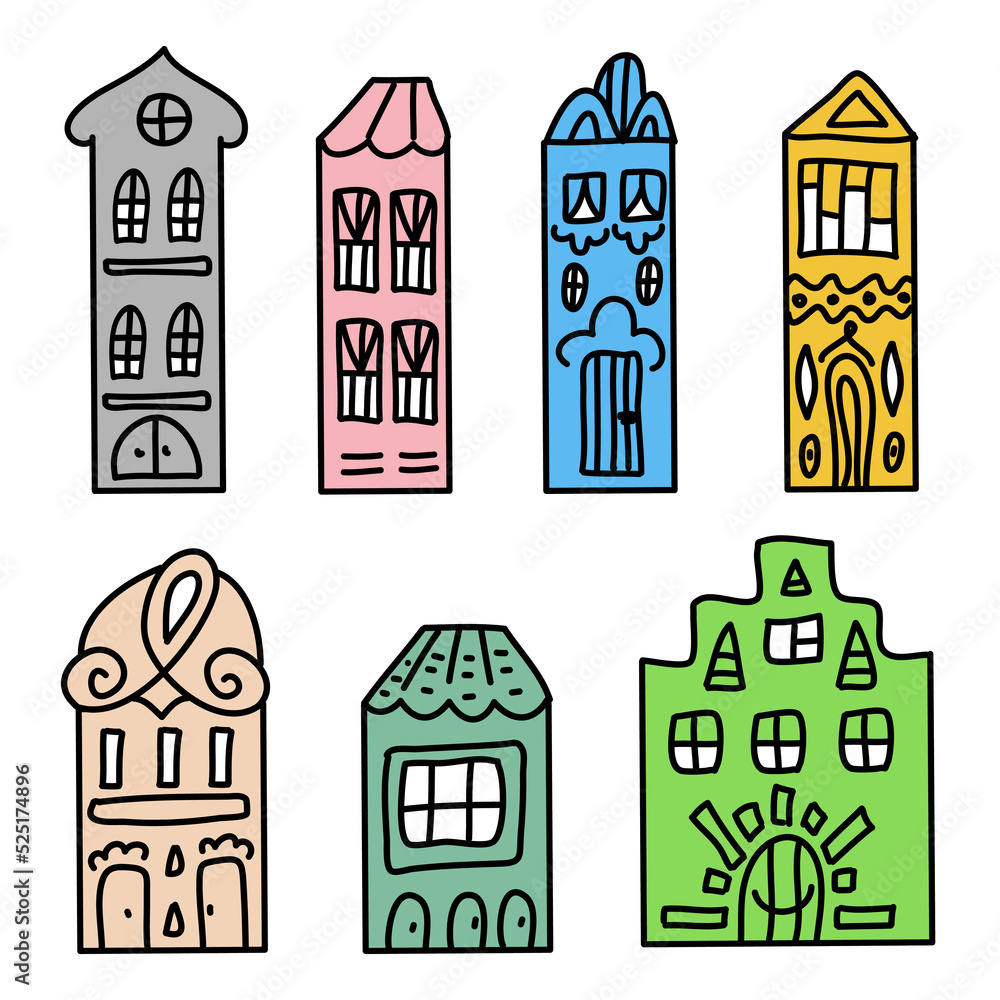 Fototapeta premium Set of cute hand drawn little house sticker for design and decoration of cute naive building