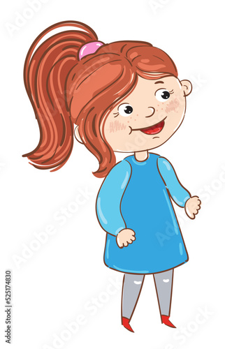 Happy girl cartoon character isolated on white background vector illustration. Cute young woman standing and smiling, romantic girl in dress, happy people concept. Hand drawn funny young girl.