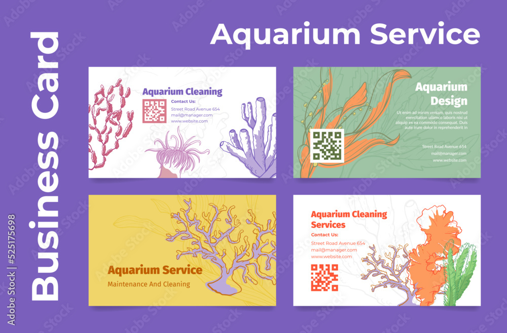Aquarium cleaning service business card set vector illustration support  maintenance and design Stock Vector