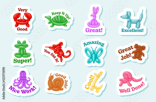 Motivational phrase stickers animal shaped air balloon set vector flat inspire motto message