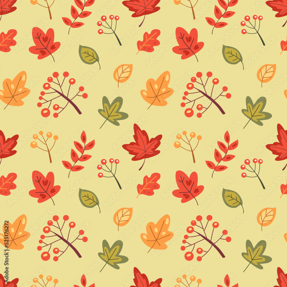 Seamless autumn pattern with fall leaves and berries. Warm hygge aesthetics. Thanksgiving day decoration. Cute colorful background. Flat cartoon hand-drawn style