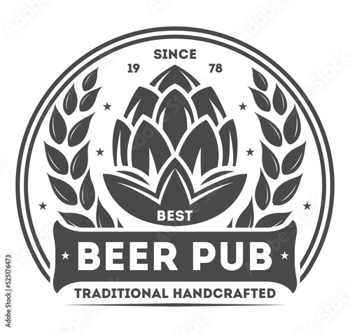 Beer pub vintage isolated label vector illustration. Brewing company symbols. Best craft beer premium quality icon. Fresh brewed product. Beer logo template
