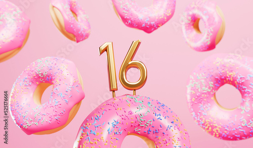 Photography Happy 16th birthday celebration background with pink frosted donuts