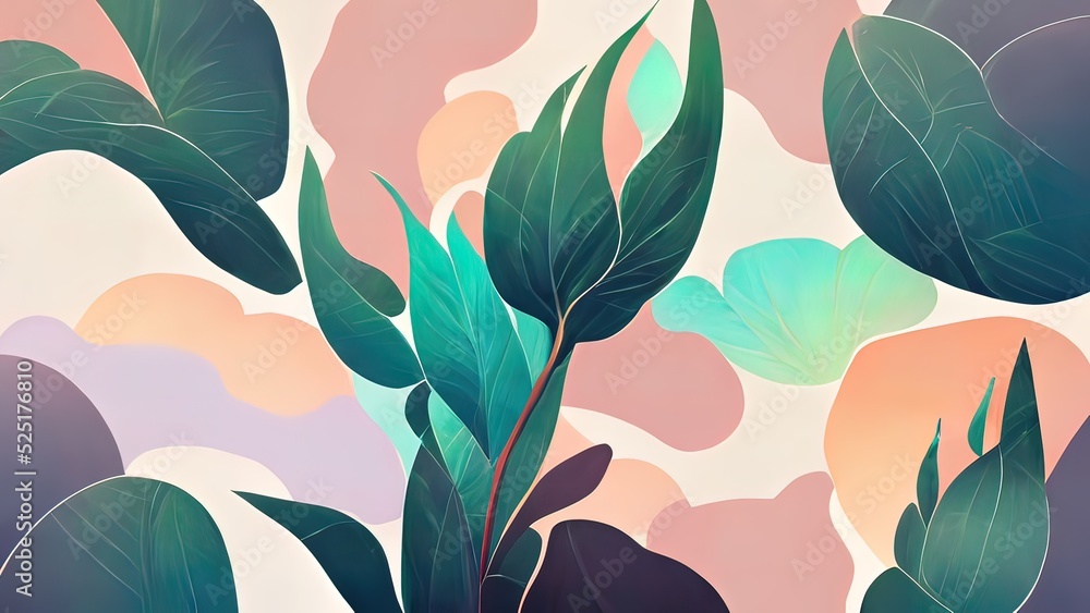 Organic leaf pattern texture. Digital painting colorful herbal, nature design with soft pastel colors. Artistic illustration of fresh plants. Creative, decorative, green art. - obrazy, fototapety, plakaty 