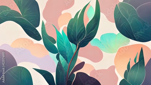Organic leaf pattern texture. Digital painting colorful herbal, nature design with soft pastel colors. Artistic illustration of fresh plants. Creative, decorative, green art.