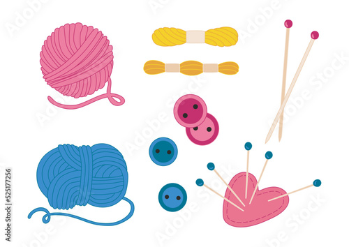 Cartoon cotton or wool yarn for knitting and cross stitch isolated vector illustration collection. Spokes and needles. Pillow for needles.