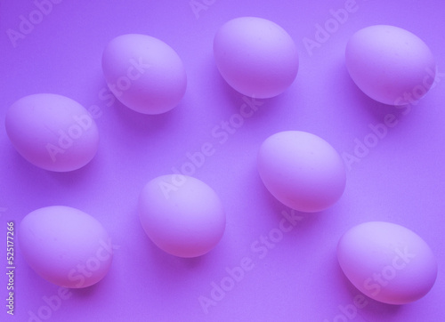 pattern made of white chicken eggs, neon lights, trendy holographic effect