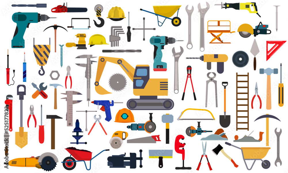 Repair tool icon service and setting work equipment sign isolated set. Construction workshop vector illustration. Fix mechanic symbol and engineering maintenance hardware. Industry instrument builder Repair tool icon service and setting work equipment sign isolated set. Construction workshop vector illustration. Fix mechanic symbol and engineering maintenance hardware. Industry instrument builder