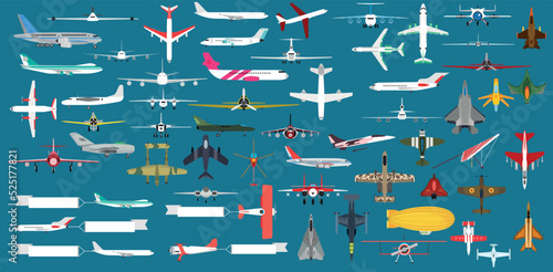 Airplane transportation plane and fly travel transport icon. Aircraft set flight and aeroplane vector illustration isolated. Business flying airliner from airport and commercial trip vehicle element photo