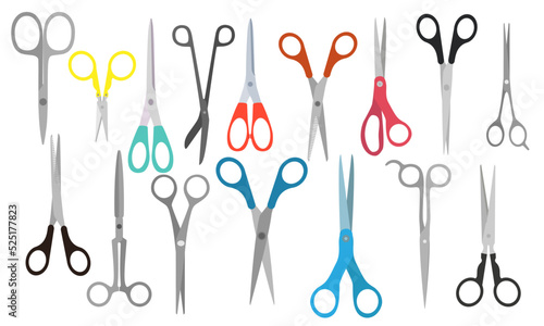 Scissors cartoon metal accessories and barber haircut pair isolated icon set. Steel tool instrument vector illustration barber or sewing. Office equipment collection object and handle shear blade