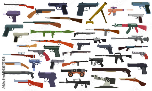 Gun set army weapon and handgun danger pistol icon isolated. War protection firearm silhouette vector illustration. Battle symbol ammunition design and violence machine object. Conflict sign security