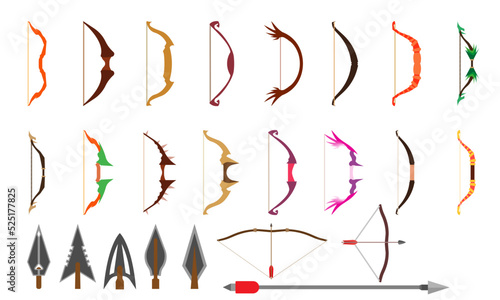 Arrow and bow set archery weapon symbol. Ancient icon war element isolated and longbow object vector illustration. Archer vintage collection and combat hunting. Old sign tribal style ammunition