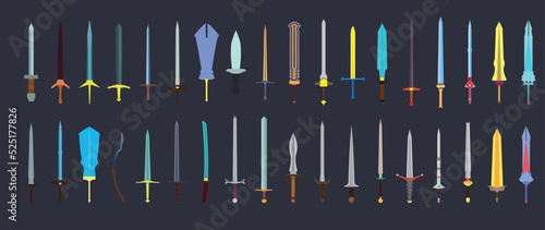 Sword steel and sharp medieval fantasy weapon. War symbol battle icon isolated white vector illustration. Antique dagger design and old warrior handle broadsword set. Collection game saber king