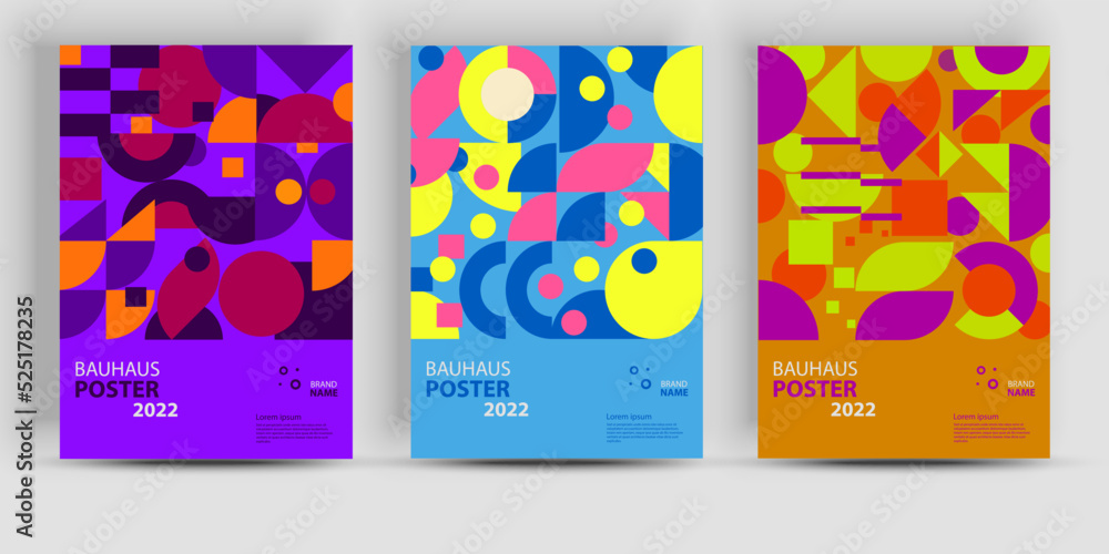Abstract geometric posters. Bauhaus geometric backgrouns, vector circle, triangle, and square lines color art design. Contemporary vertical mosaic banners vector trendy set