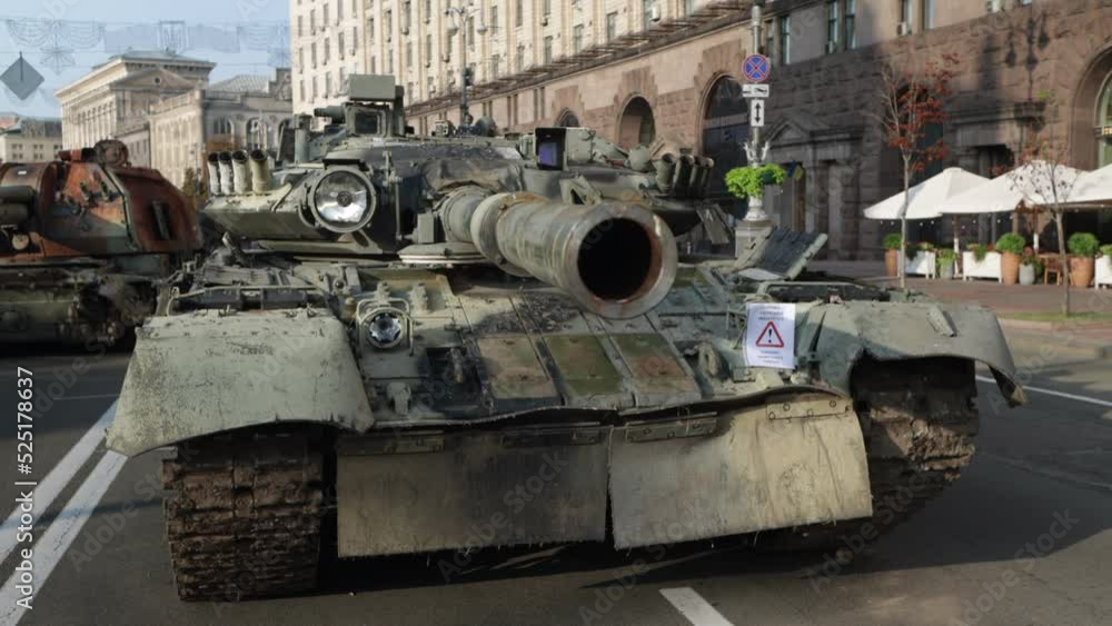 Destroyed Russian military equipment in the center of Kyiv on Khreschatyk. Parade of destroyed Russian tanks on the day of independence of Ukraine Destroyed Russian military equipment in the center of Kyiv on Khreschatyk. Parade of destroyed Russian tanks on the day of independence of Ukraine