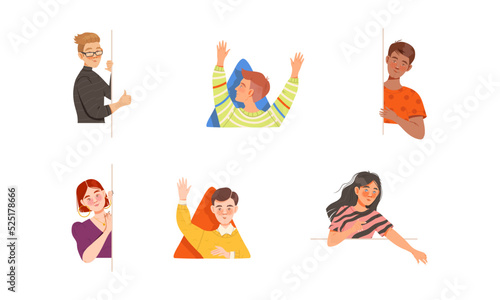 Young Man and Woman Looking Out of Window and Corner Vector Illustration Set