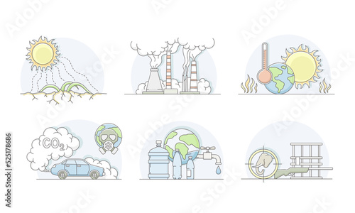 World Resources with Carbon Oxide, Sun and Water as Renewable Natural Source Line Vector Set