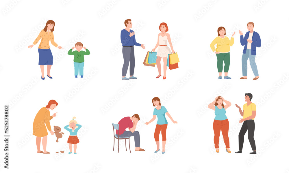 Conflicting Parents Arguing with Each Other Scolding and Shouting at Each Other Vector Illustration Set