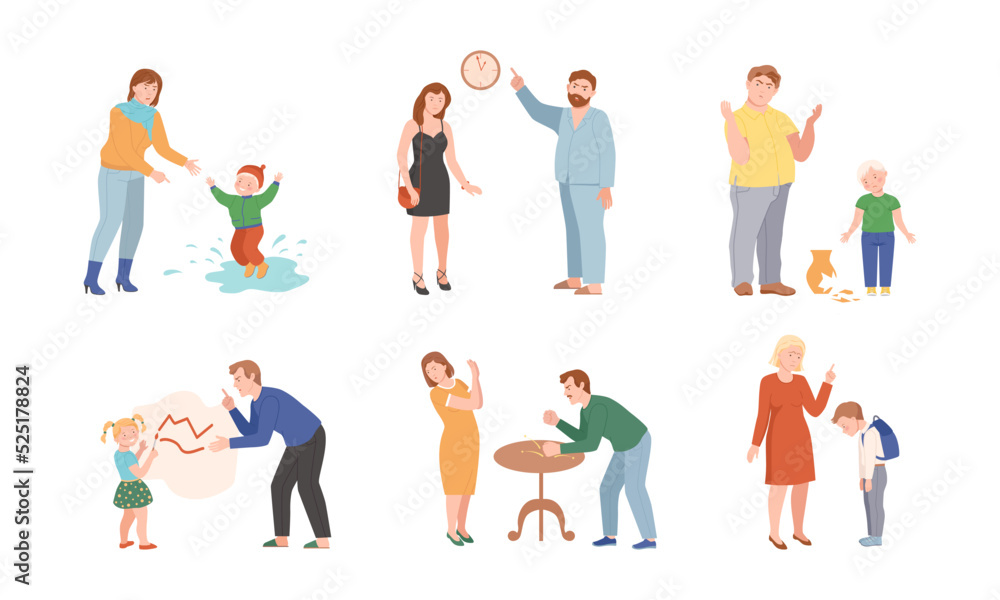 Annoyed Parents Scolding Their Kids for Disobedience and Bad Behavior Vector Illustration Set