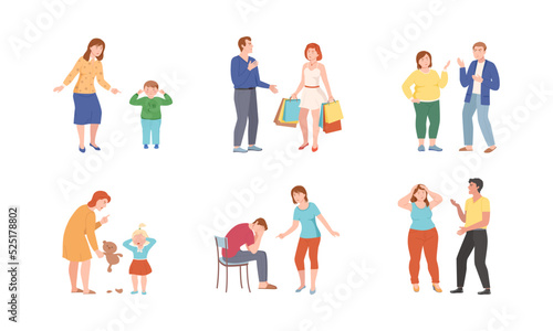 Conflicting Parents Arguing with Each Other Scolding and Shouting at Each Other Vector Illustration Set