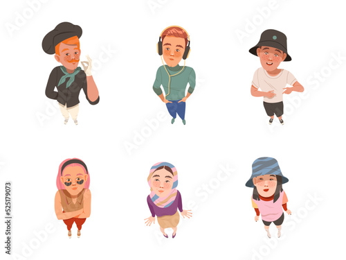 Smiling People Characters Looking Up Gesturing and Watching Something Above View Vector Illustration Set