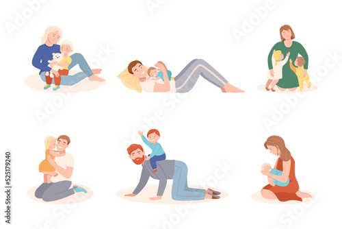 Parents Loving and Embracing Their Little Children Vector Illustration Set