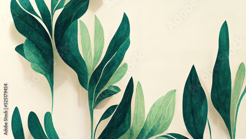 Green plant and leafs pattern. Pencil, hand drawn natural illustration. Simple organic plants design. Botany vintage graphic art. 4k wallpaper, background. Simple, minimal, clean design.