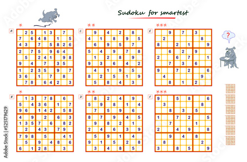 Set of Sudoku puzzles. Logic game for children and adults. Three different difficulty levels. Brain teaser book. Memory training for seniors. Printable page for kids. Play online. Vector image.