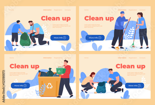Volunteers clean up the environment. Garbage sorting. Preservation of the environment. Vector illustration