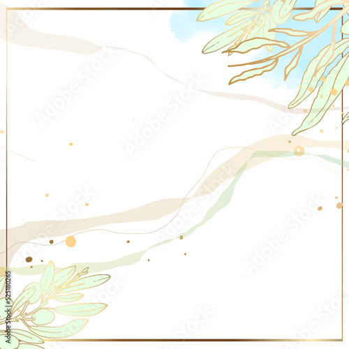 Luxury golden square wallpaper. Banner with white background blue and green stains and splashes of watercolor. Golden leaves and branches, wall art with a shiny light texture. Vector illustration.