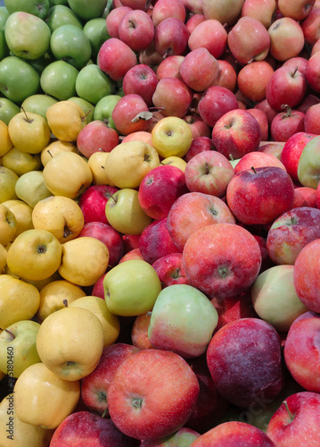 Fresh red yellow and green apples of different varieties on the market counter