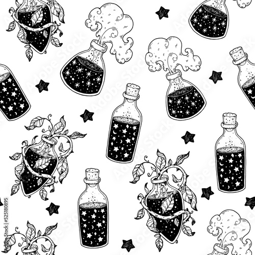 Witch's potion seamless pattern. Poison, drug, decoction sketch. Magic bottled drinks. Black and white. Hand drawn vector illustration. Witch potion vial background. Happy Halloween
